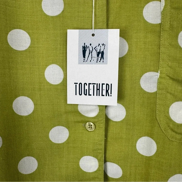 Together! Women’s Button Down Top Size Medium Green Polka Dot Rayon Maximalist - Picture 5 of 6